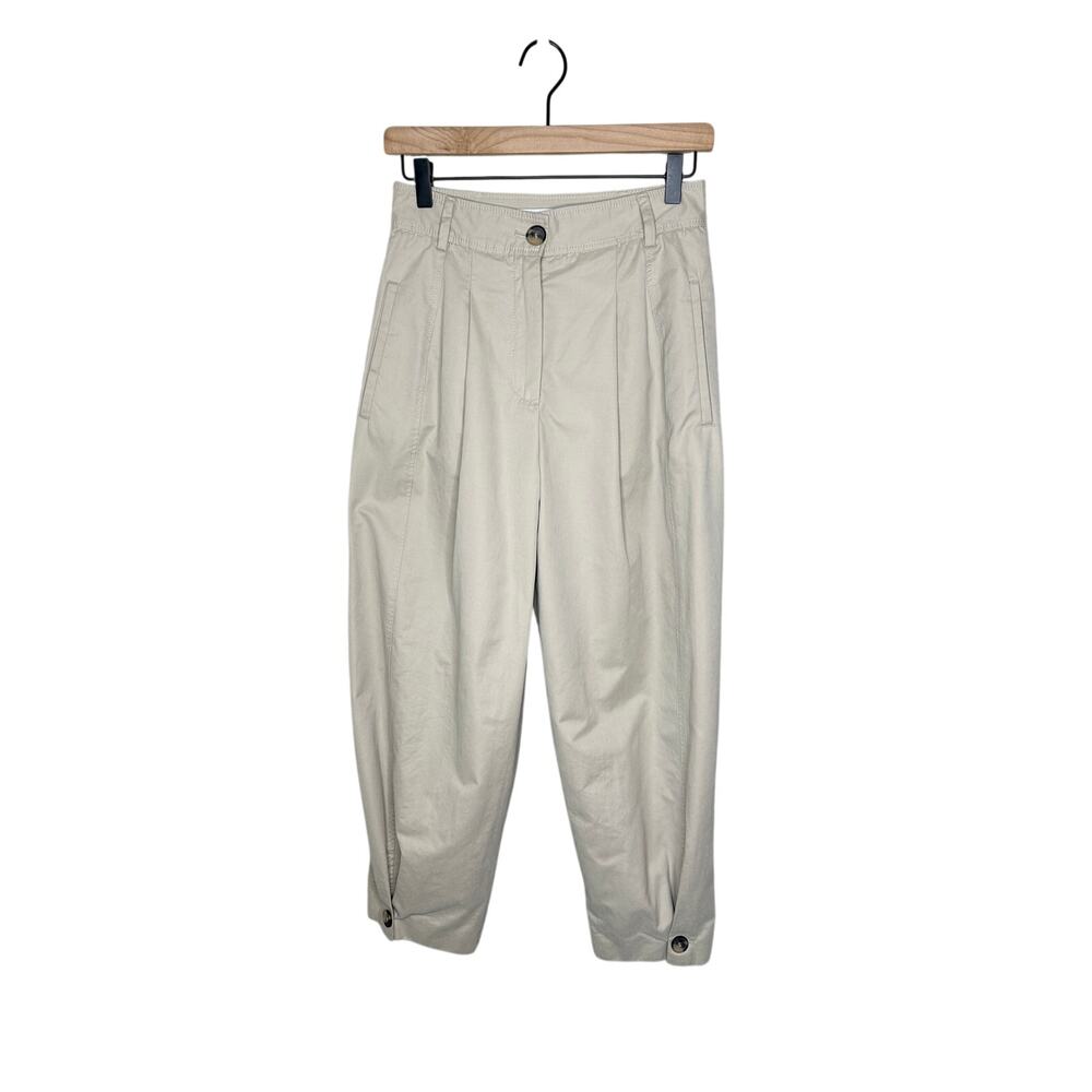ZARA Tapered Barrel Leg Pants Beige Khaki High Waist Ankle Button Tab Womens XS